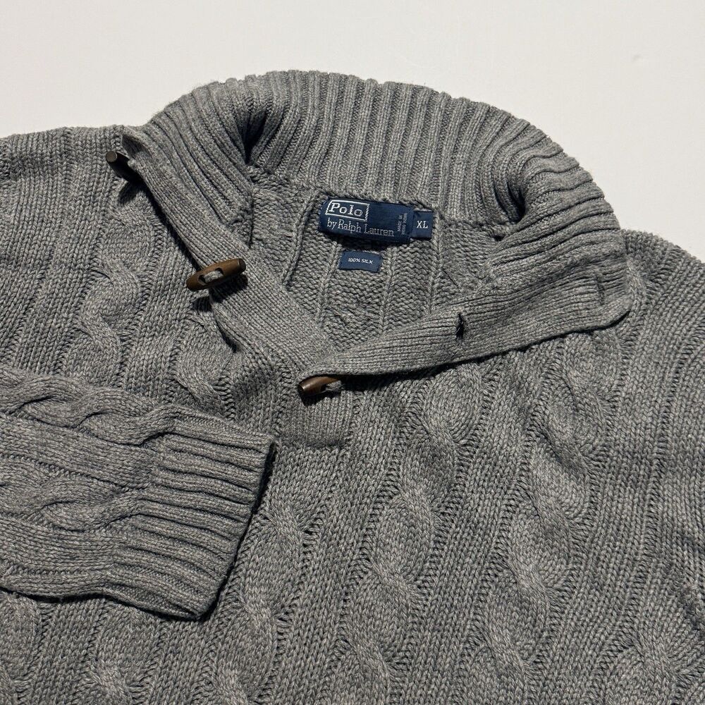 Vintage Polo Ralph Lauren Sweater Mens XL Gray 100% Silk Cable Knit Shawl 90s